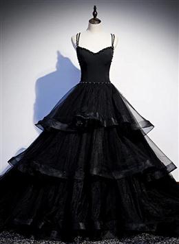 Picture of Black Color Tulle Layers Straps Beaded Long Evening Dresses, Black Color Formal Dresses Prom Dresses